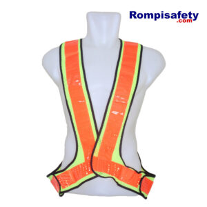 Jual Rompi Safety Jaring V Hijau Kekuningan Lime Pita Reflektif Oranye Orange